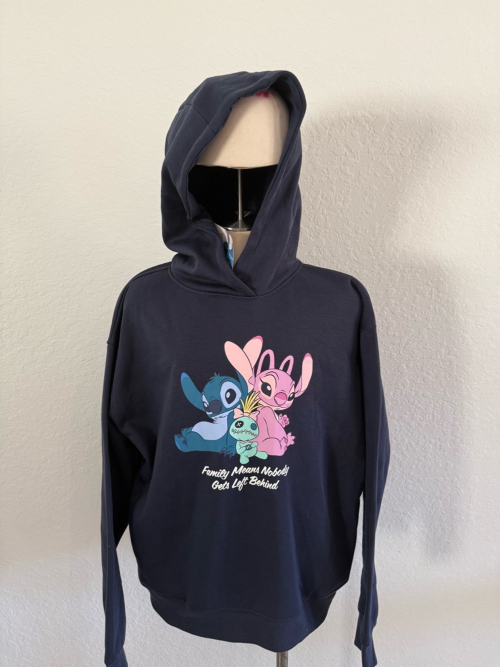 New women’s Sz M, L Disney Navy Hoodie with Blue & Pink Stitch Character Print